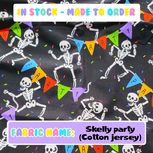 LIMITED IN STOCK - Skelly party (cotton jersey) enough for 1 birthday outfit or dress.