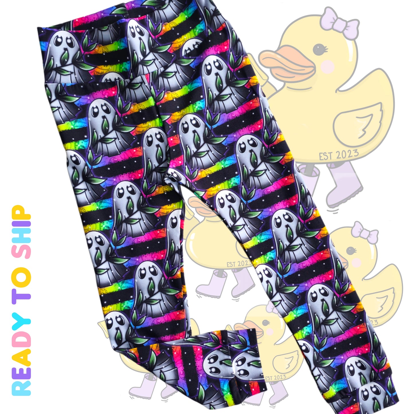 3-4 YEARS - Neon ghost leggings, cuffed with yoga waistband