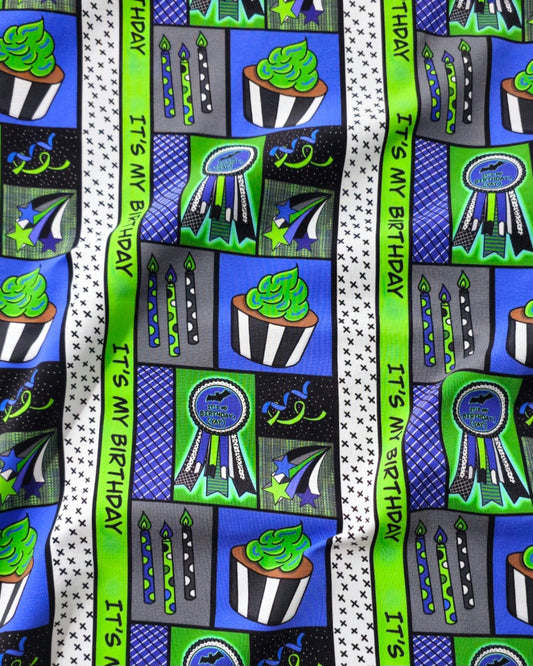 LIMITED IN STOCK - Birthday bats (cotton jersey) enough for 1 birthday outfit or dress.